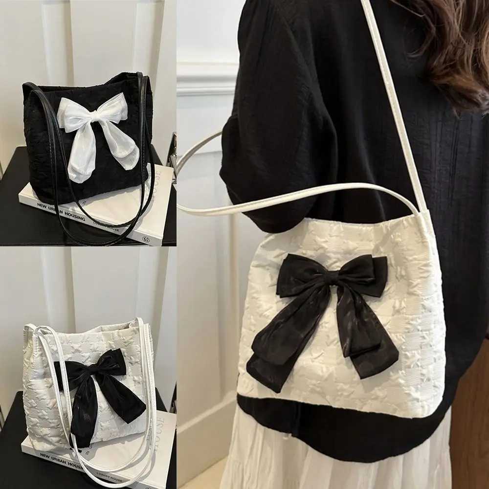 Bow Handbag Large Capacity Canvas Bag Korean Style Shoulder Bags Casual Tote Bags Cute Crossbody Bag Reusable Shopping BagXJ250227
