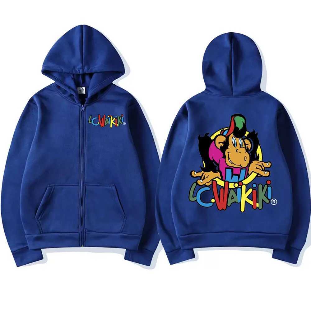 Lc Waikiki Monkey Print Zipper Hoodies Men Women Fashion Y2k Aesthetics Zip Up Sweatshirts High Quty Flce Loose Pullovers X250227