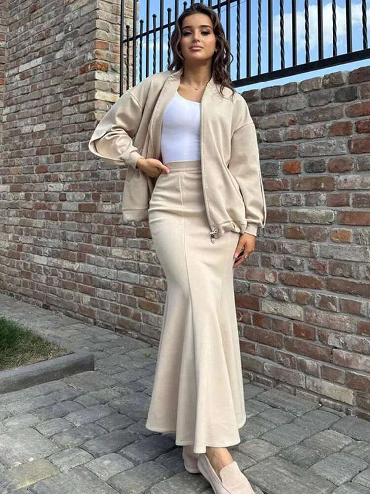 Vintage Women's Two Pieces Set Casual Long Sleeve Zipper Loose Jacket Hip Package Fish Tail Skirt 2025 Spring Retro Ladies Suit