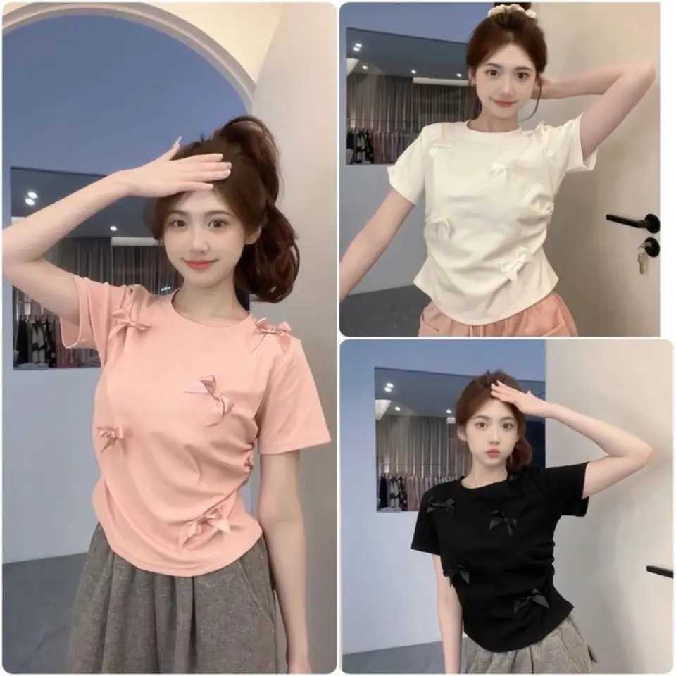 Elegant ballet bow T-shirt round neck Japanese style womens top solid color short sleeved ribbon crop vest womens topT250320