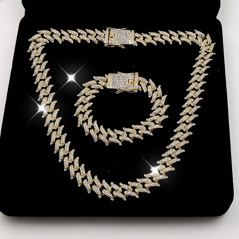 Wholesale HipHop Trendy Vintage Daily Fashion Party 15mm Zircon Dia Iced Out Full Thorns Cuban Necklace Bracelet Set Gift