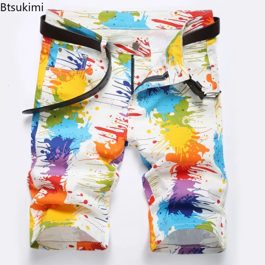 Mens Fashion 3D Print Jeans Hip Hop Streetwear Y2K Fancy Color Painted Stretch Denim Shorts Male Candy Casual 250226