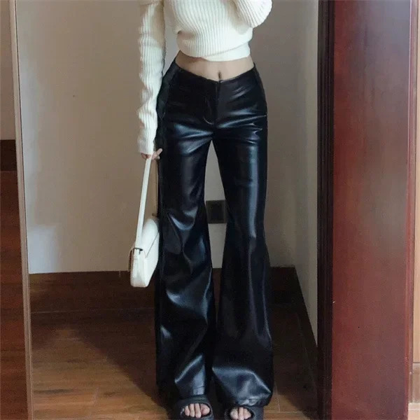 Black Pear-Shaped High-Waisted Plus-Size Wide-Leg PU Leather Pants Womens Bell-Bottom Pants Autumn Season 250226