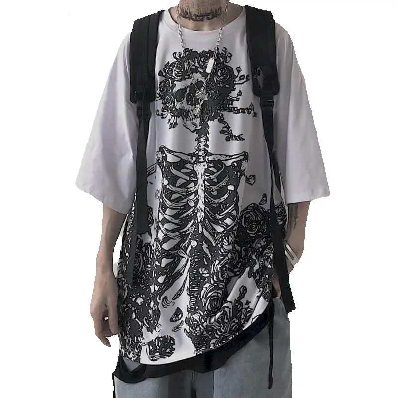 Men T-shirts Summer Streetwear High Street Gothic Skull Tshirt Loose Oversized Short-sleeved T shirt Dark Anime Men Y2k Top 250226