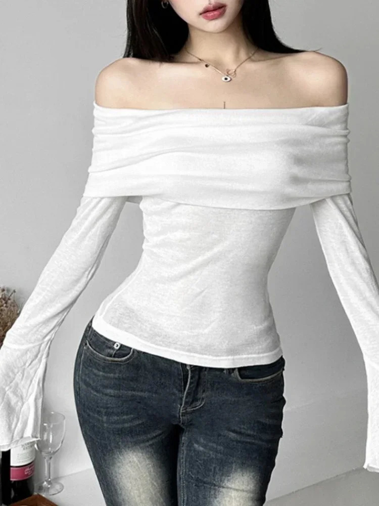 Y2k Aesthetic Women Translucence Tee Shirts Slash Neck Long Sleeve Solid Casual TShirts Vintage Off Shoulder Sexy Cute Tshirts 250226
