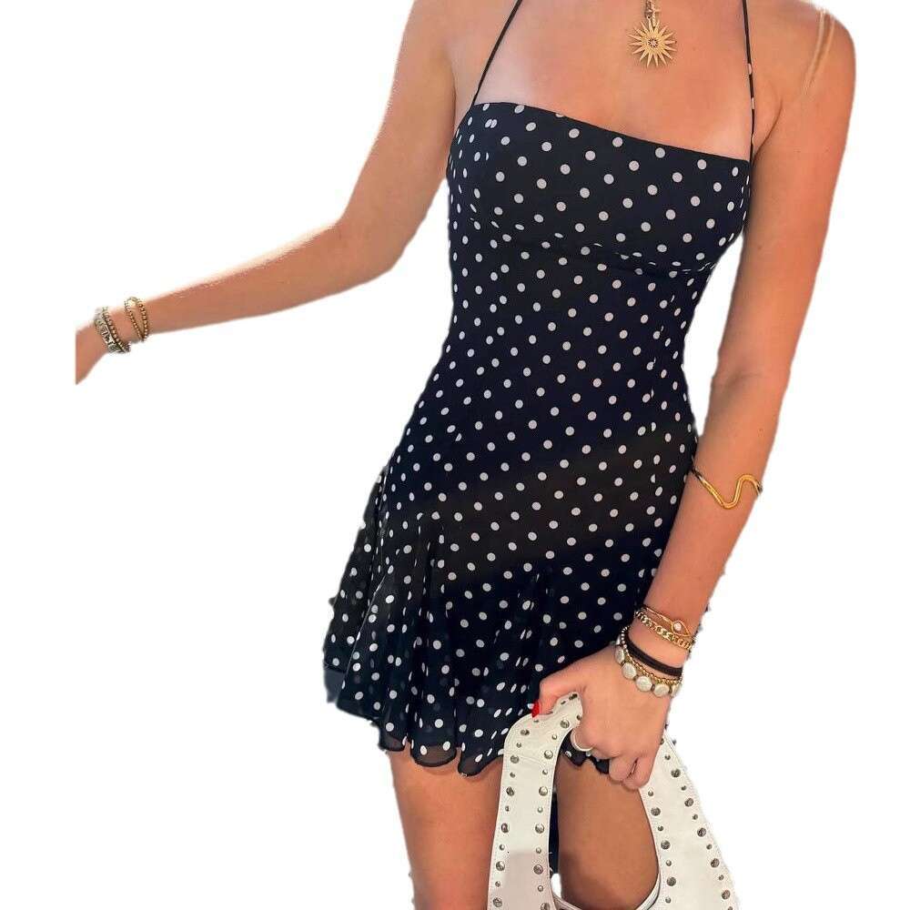 European American style hot selg women's autumn winter products fashionable and sexy backless wave point hanging neck sleeveless dress wholesale 