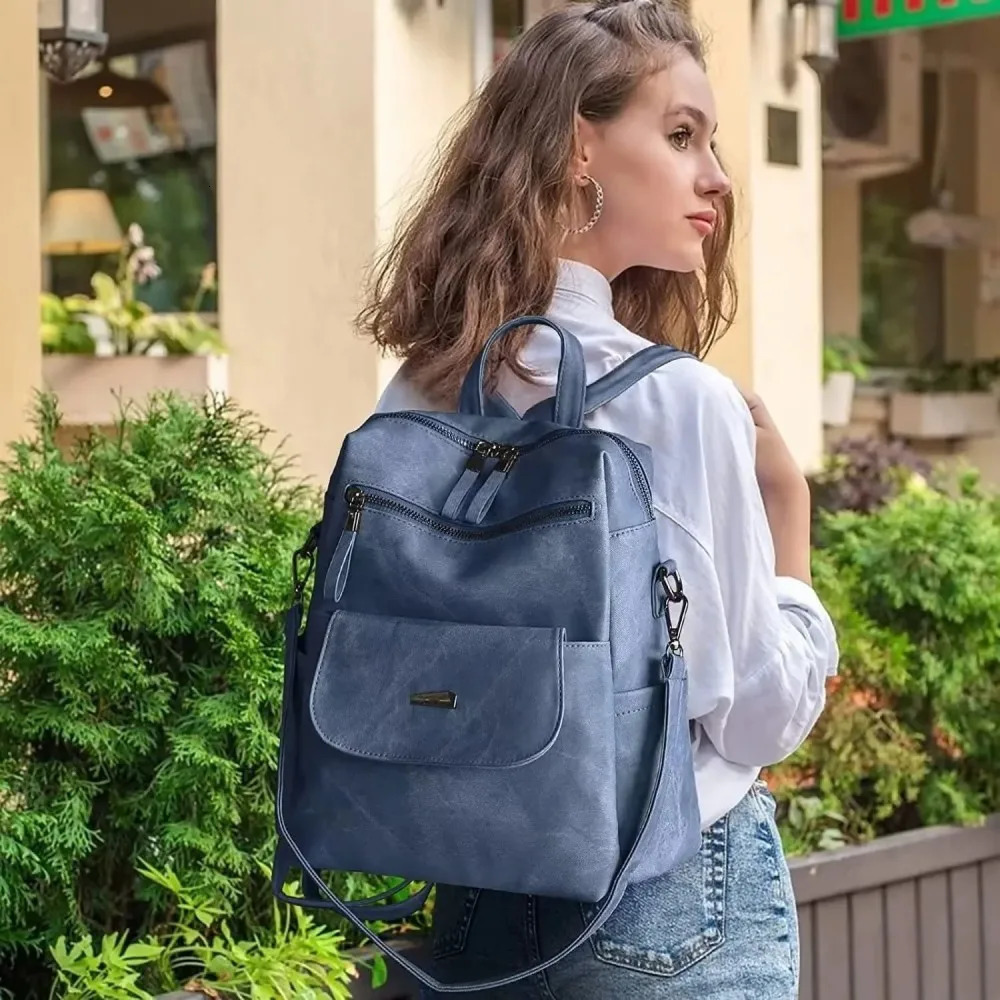 Ship from US PU Leather Purse Backpack for Women Handbag Shoulder Bags Blue 250227FBB