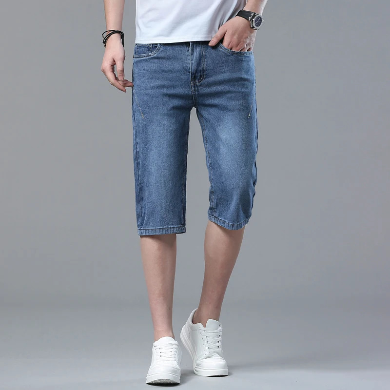 Summer Style Mens Appliques Denim Shorts Blue Black Loose Straight Stretch Casual Jeans Shorts Men Clothing 250226