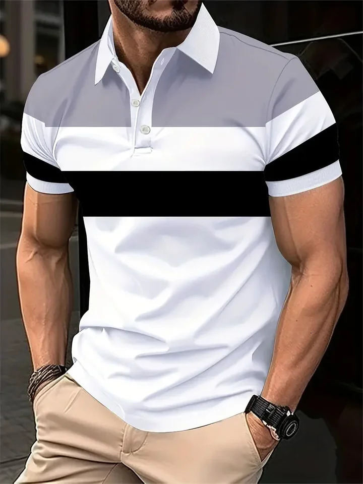 Fashion Mens Polo Shirt Simple Printed Short Sleeve T Shirt Casual Tops Striped T Shirt Mens Clothing Business POLO Shirt 250225