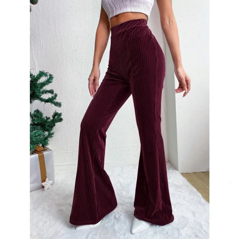 Solid Color Womens Velvet Pants Bell Bottom Flare Pants High Waist Warm Long Pants 250226