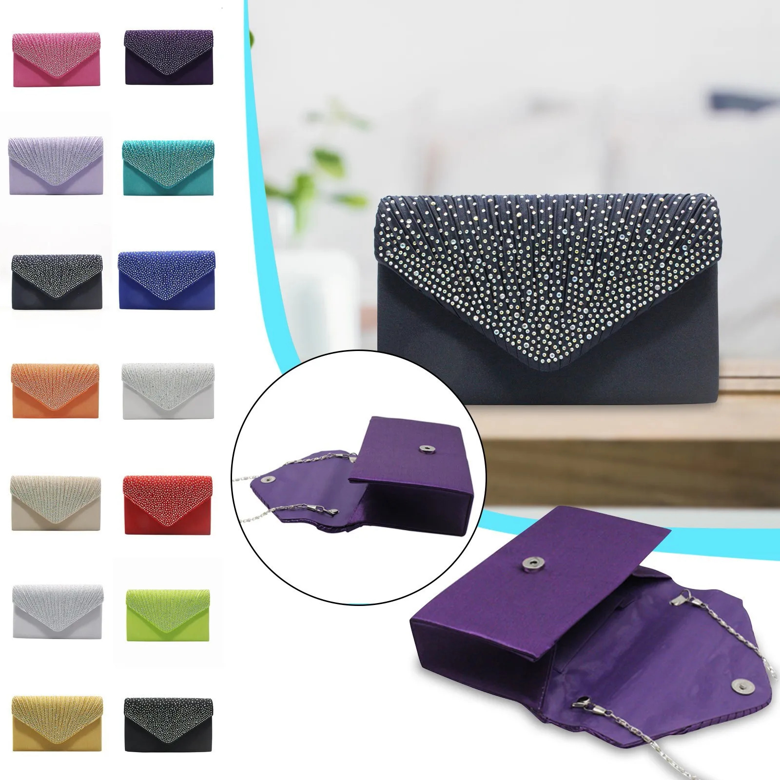 Womens fashionable and elegant clutch trend satin rhinestone shoulder bag thin chain party banquet dress matching evening 250326
