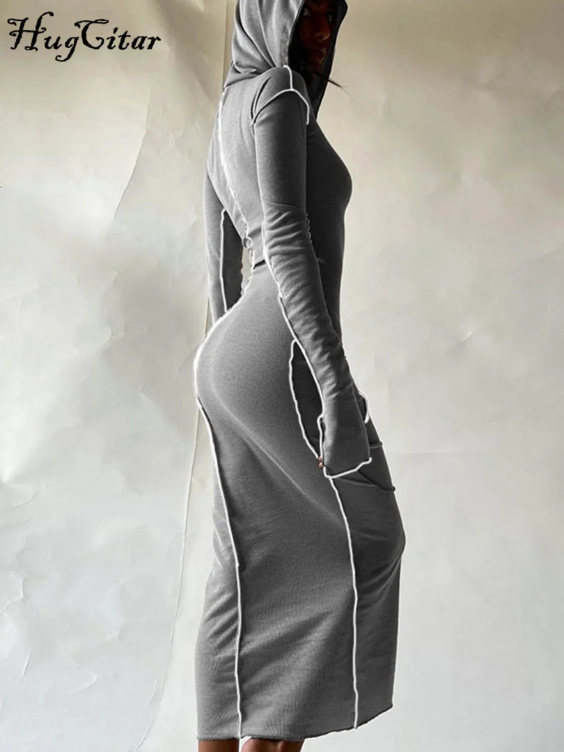 Hugcitar Long Sleeve Hooded Patchwork Skinny Maxi Dress Autumn Winter Women Fashion Streetwear Casual Outfits 250226