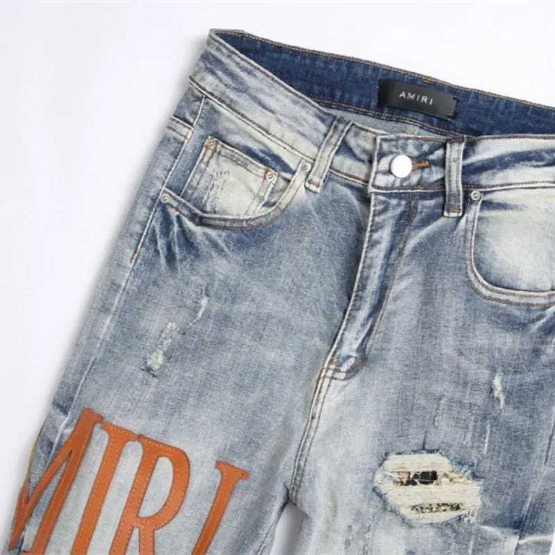 Mens Retro Leather Jeans Holes American Mens Elastic Slim Fashion Pants Versatile Mens Pants Do Old Worn-out Styles X250227