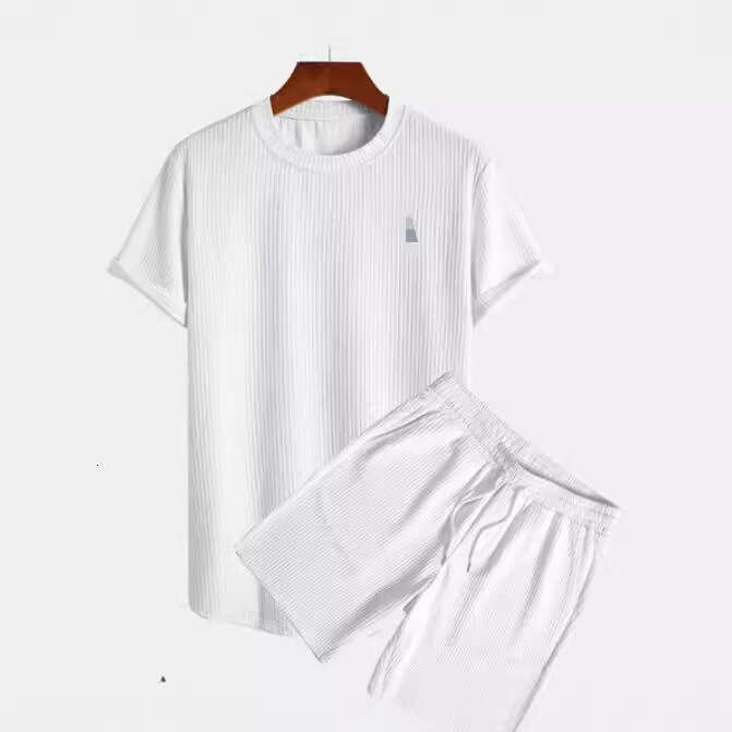 New Summer Striped Casual Suit Round Neck Men's Short Sleeved Sports Fashion Loose Two-Piece Set