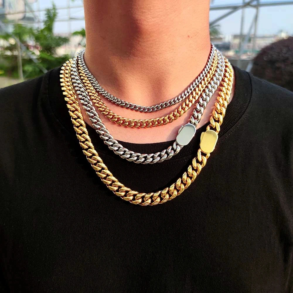 8/10/12mm Punk Gold Color Curb Cuban Chain Necklace Men Women Hiphop Miami Stainless Steel Bike Biker Choker Neck Jewelry 250227