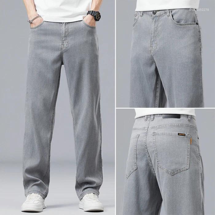 Men's Jeans Summer Lyocell Lightweight Denim Pants Men Super-soft Stretch Loose Straight Jean Mens Classic Fit Gray Trousers Male