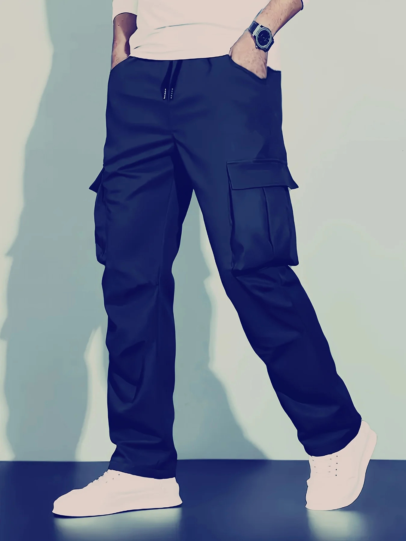 mens workwear pants European and American mens loose straight casual pants mens workwear pocket pants 250227
