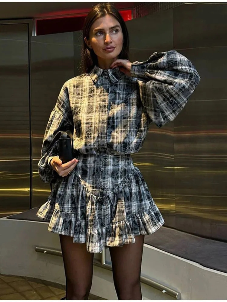 Spring Solid Shirt Ruffle Short Skirt Sets Women Elegant Lapel Puff Sleeve Tops Suit With Mini Skirts Female Skirt Suit Outfits 250226