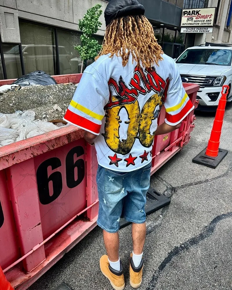 Y2K Harajuku Retro Striped Short-sleeved Street Hip-hop Punk Style Printed Oversized T-shirt Men Trendy Casual Cotton Top 250225