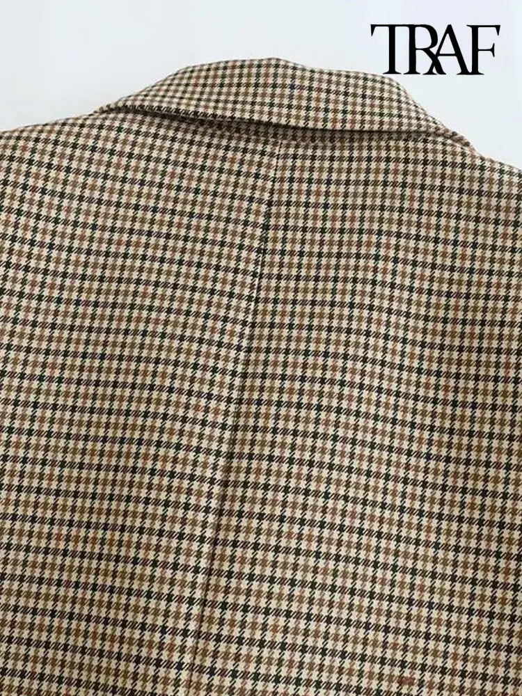 TRAF Women Fashion Double Breasted Plaid Blazer Coat Vintage Long Sleeve Flap Pockets Female Outerwear Chic Vestes Femme 250226