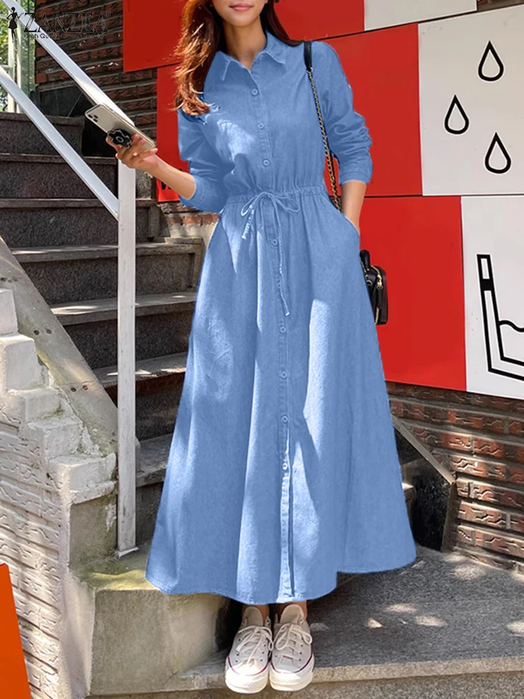 ZANZEA Spring Denim Blue Dress Womens Elegant Long Sleeve Work Sundress Casual Collar Holiday Vestidos Maxi Robe Kaftan 250225