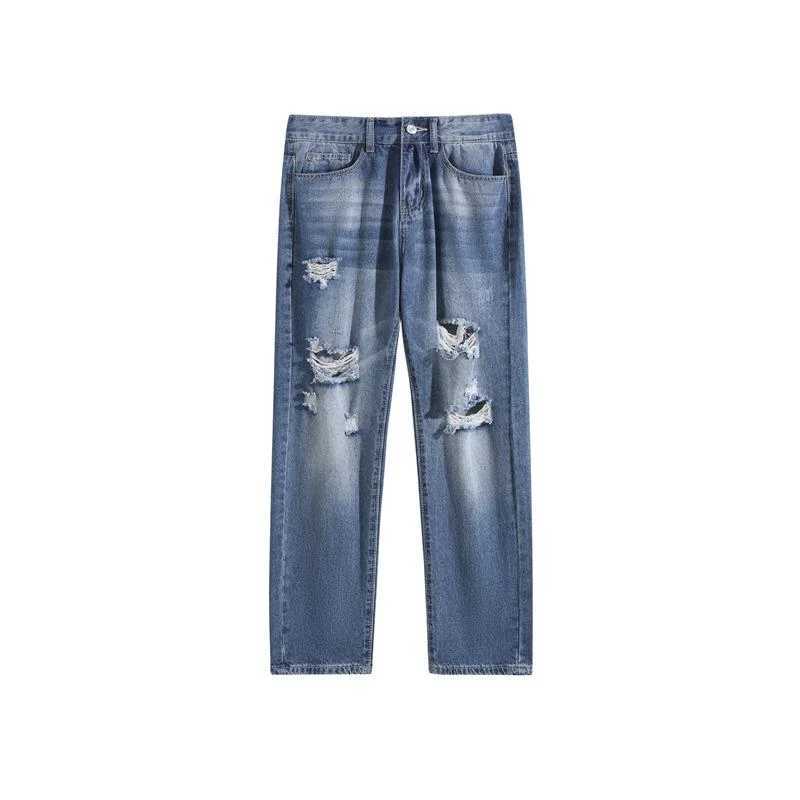 Mens open top denim jeans ripped straight casual street pants Hipster High Street Blue Pants X250227