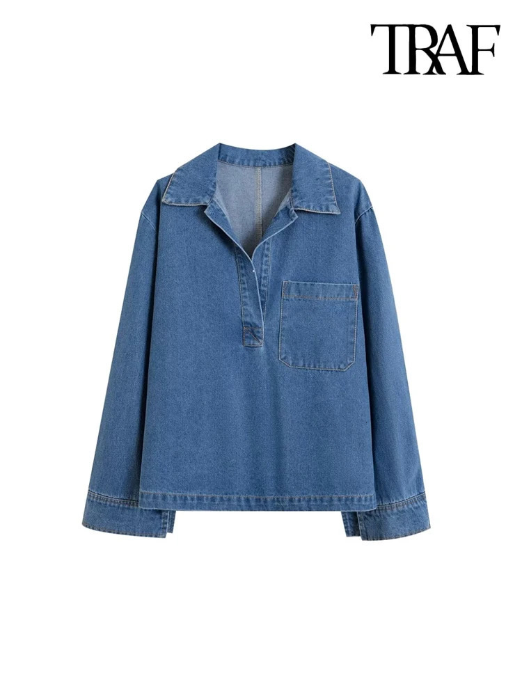 TRAF Women Fahion With Pockets Denim Loose Shirts And High Elastic Waist Drawstrings Wide Leg Pants Female Two Piece Sets 250226
