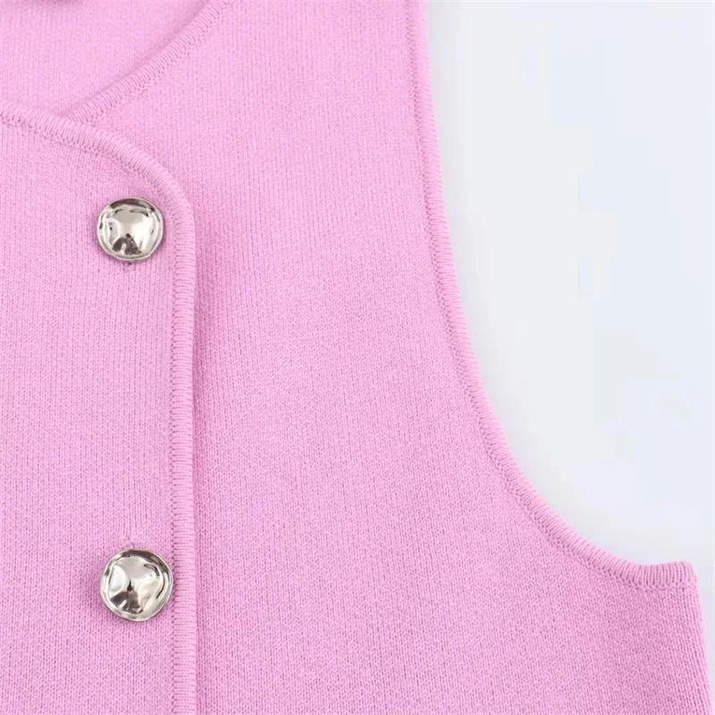 TRAF Knit Sleeveless Vest Woman Fashion Pink Knitted Cropped Female Double Breasted Summer Top In Short Coats 250226