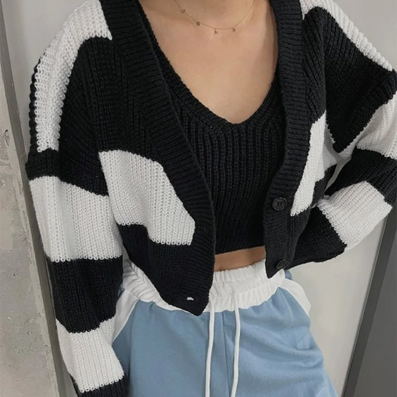 2024 Fashion Autumn Two Piece Women Sweater Stripe Long Sleeve Cardigan Crop Knitwaers Winter Loose Casual Knitted Short Tops 250225