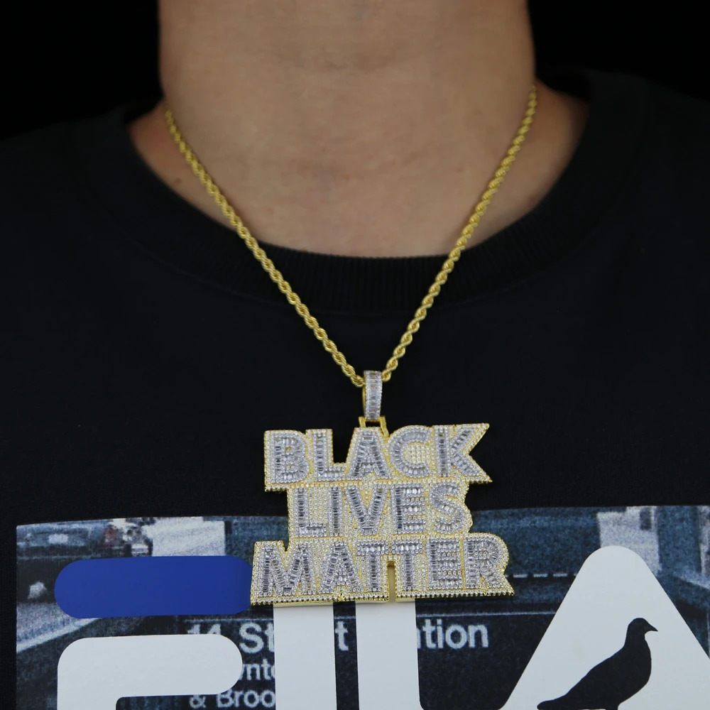 Iced Out Bling CZ Letter Black Lives Matter Pendant Necklace Two Tone Collor Cubic Zirconia Letters Charm Men Hip Hop Jewelry 250227