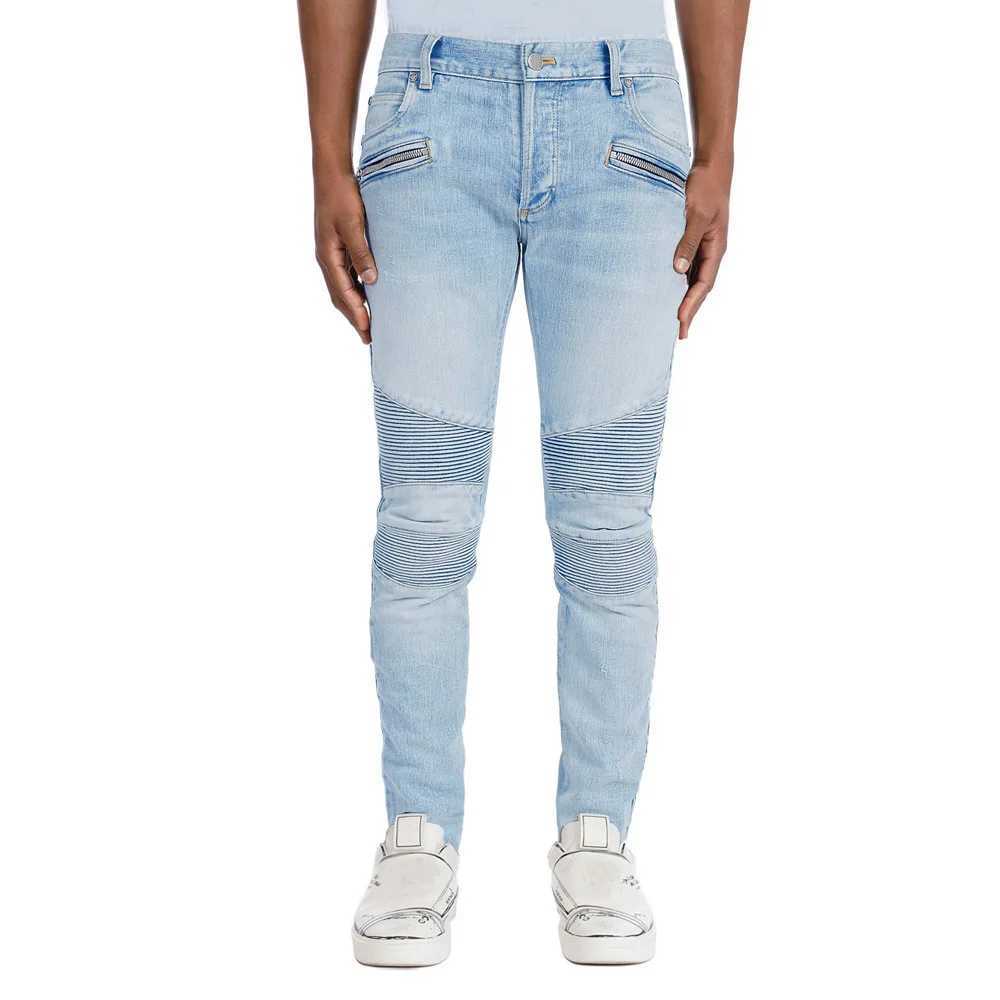 Mens Zipper Biker Denim Jeans Stretch Slim Skinny Fashion Moto Motorcycle Pants X250227