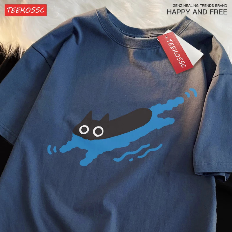 Couple Tees Swimming Black Cat Diving Shoulder Short Sleeved T-shirt For Men Women Breathable Casual Pure Cotton Loose Tops 250227