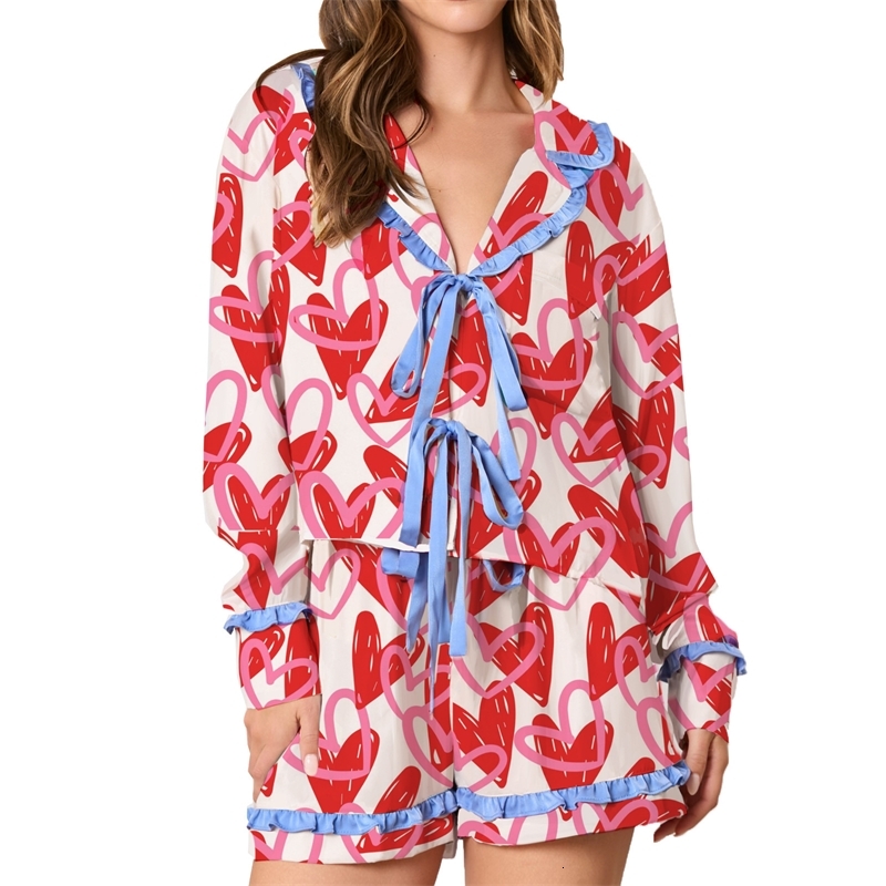 Women Tracksuits Two Pieces Set 2025 New Pleated Long Sleeved Thin Printed Valentines Day Series Pajamas Casual Set 5 Colors