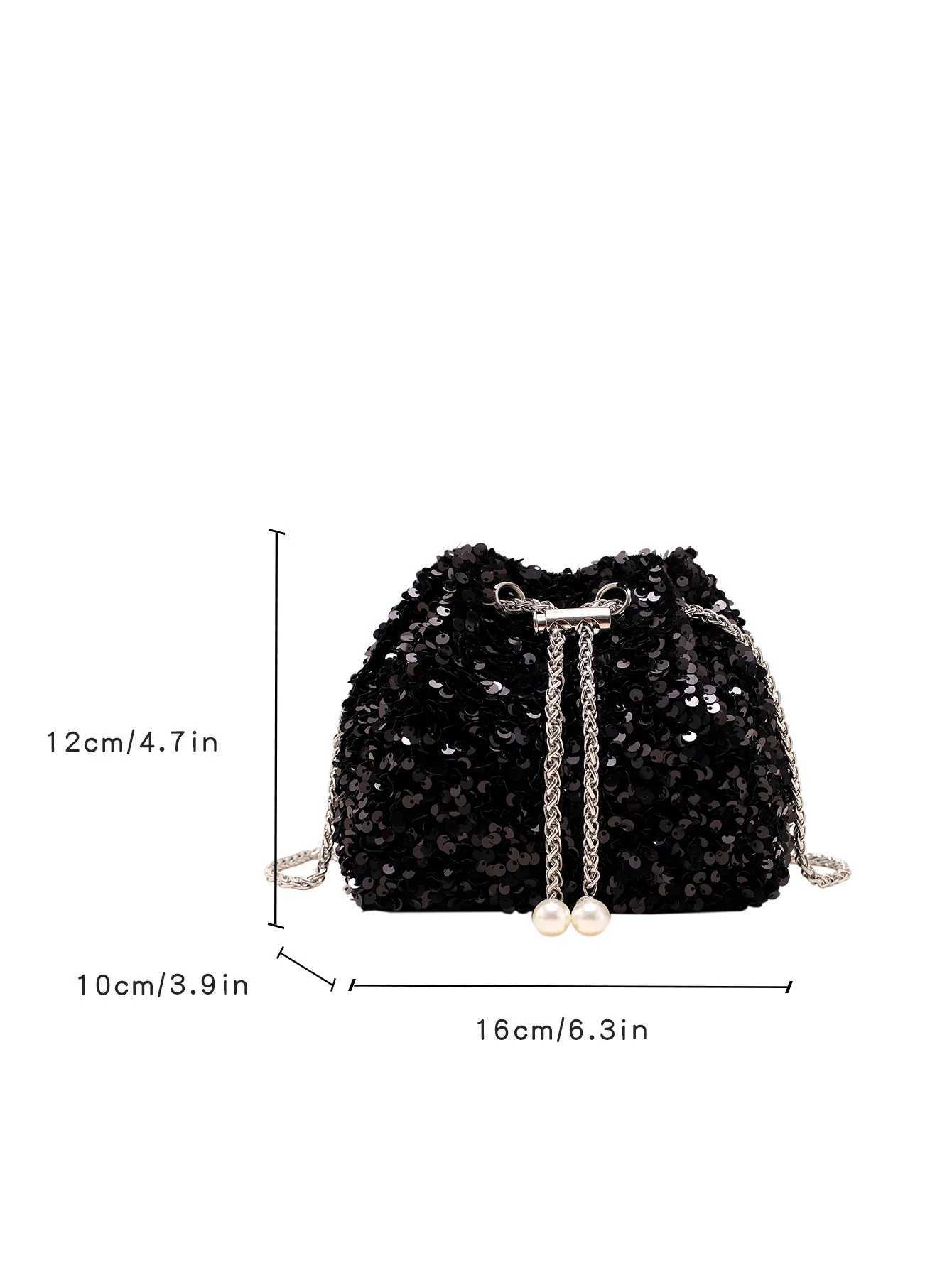 New Arrival Trendy Korean Silver Black Sequin Bucket Bag Prom Party Metal Chain Shoulder Bag Crossbody For Women Fashion Clutches Handbags T250227