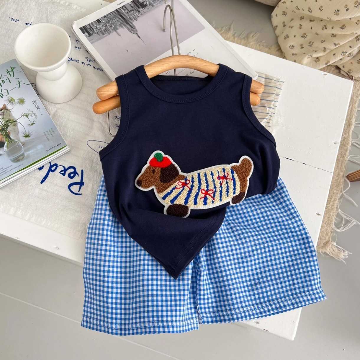 Clothing Sets 2025 Summer New Childrens Boys and Girls Fashion Leisure Korean Edition Western Summer Dress Loose Cartoon Vest SetY2502270A3G