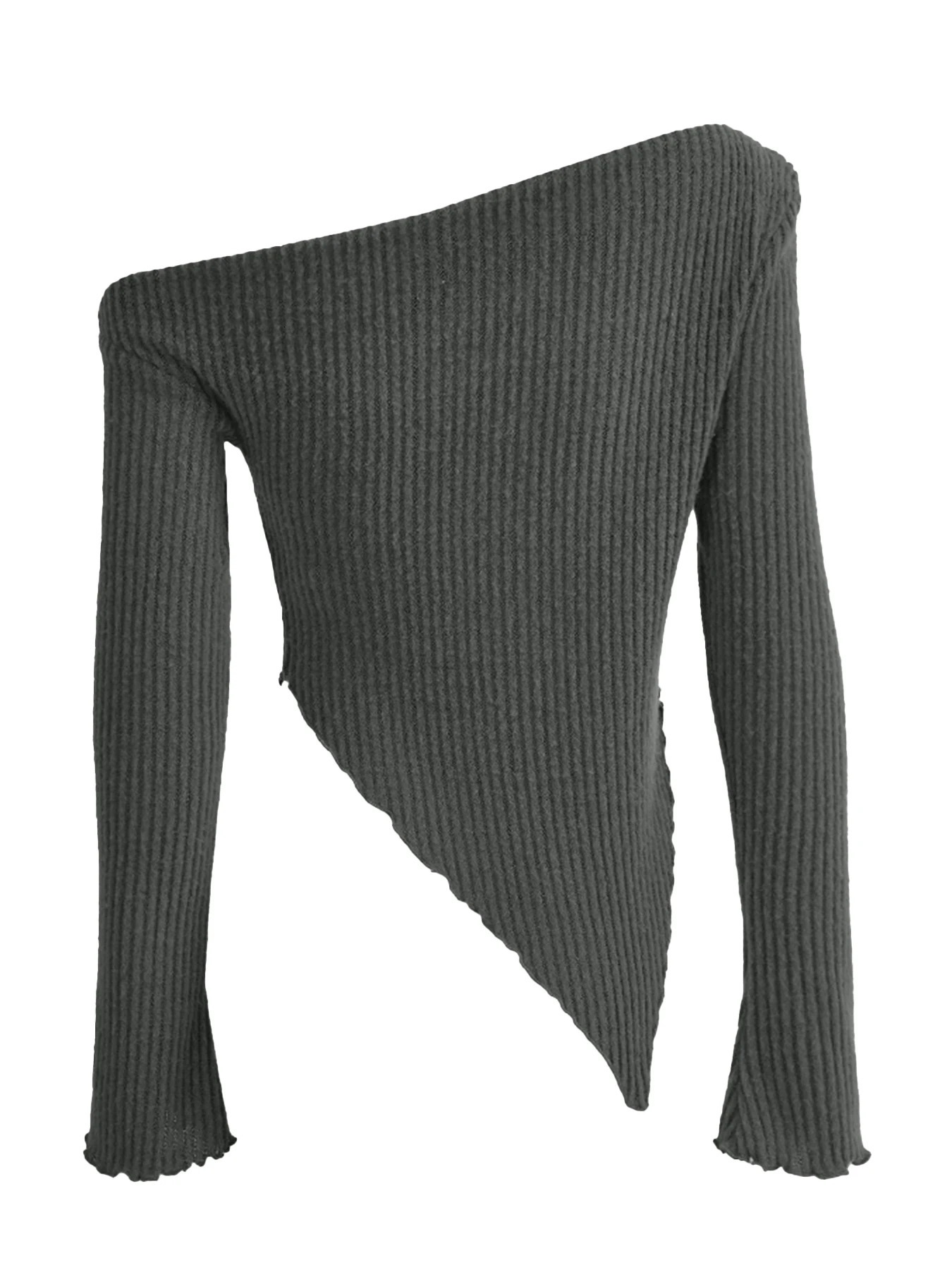 Womens spring sexy cut top with ultrathin solid shoulder Tshirt long sleeved street perforated asymmetrical womens 250226