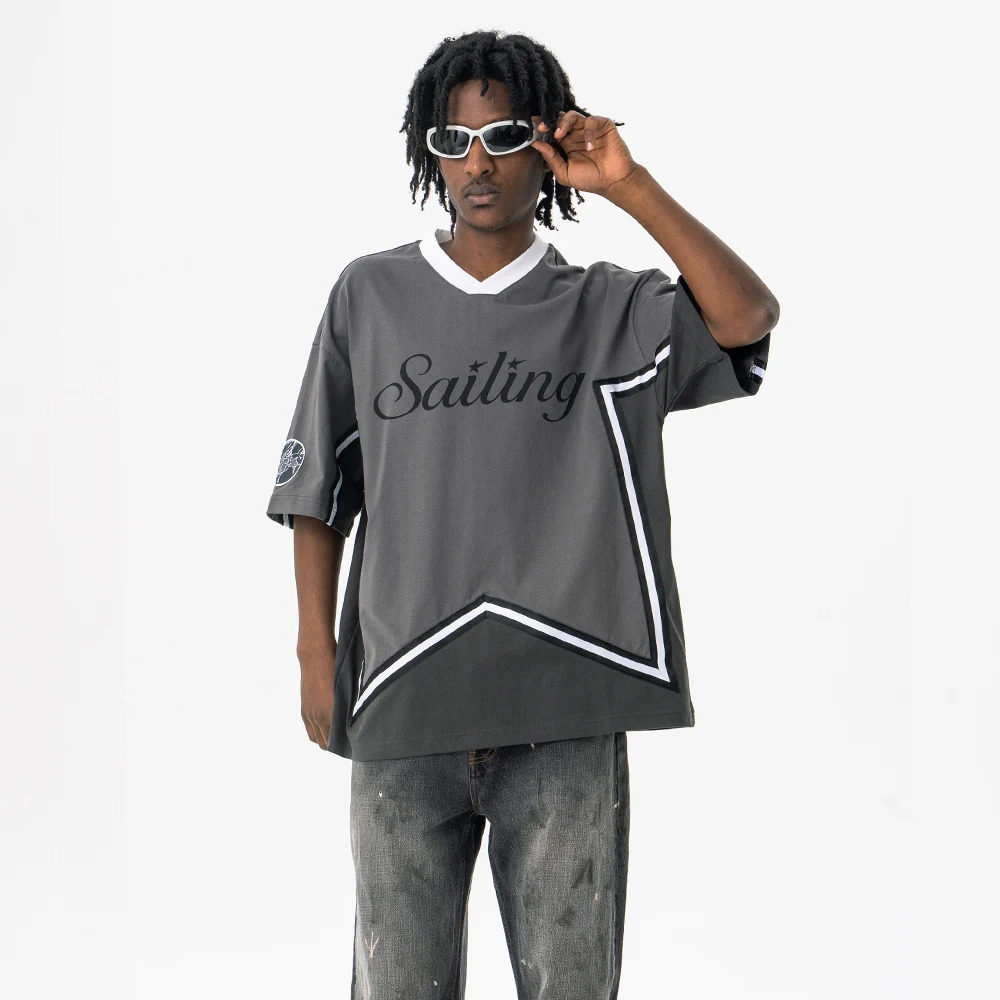 Superway Original Letter Printed T-Shirt Mens Patchwork Cotton Short Sleeves V-Neck Tees High Street American Style Tops 250225