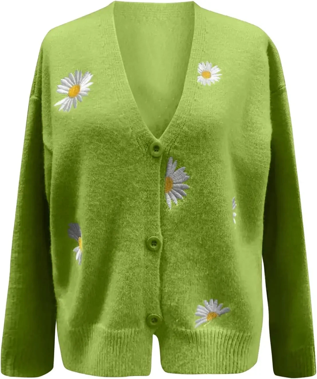 Womens printed long sleeved Vneck sweater with button hem and ribbed cuffs knitted cardigan wool 250225