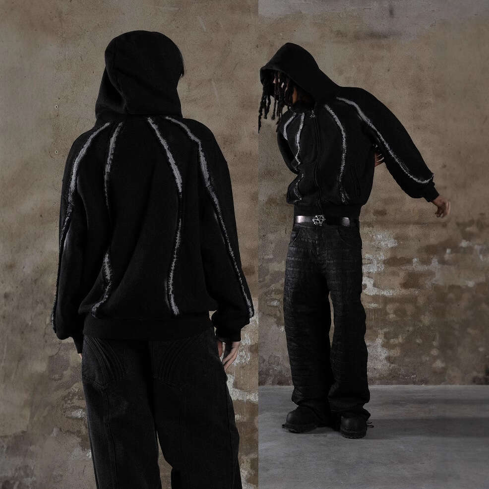 American heavy industry embroidery damaged high street dark punk design men's and women's loose hooded sweatshirt zipper jacket