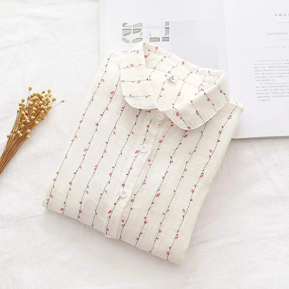 Double-layer Cotton Yarn Shirts Women Autumn Full Sleeve Floral Loose Casual Soft Blouse Office Lady Work Wear Tops 250226