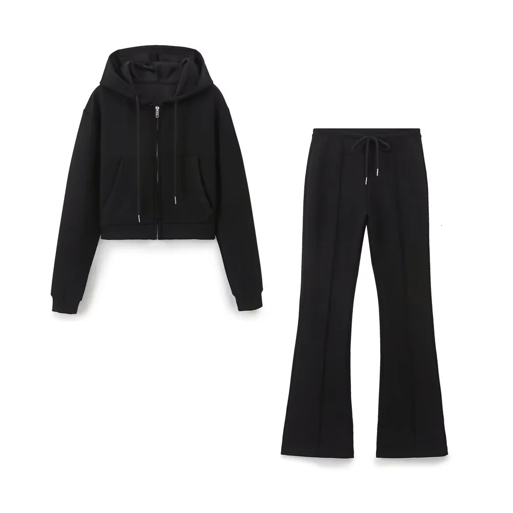 Taop Za Autumn womens fashionable casual zipper decoration hooded long sleeved sweatshirt jacket trumpet pants set 250226