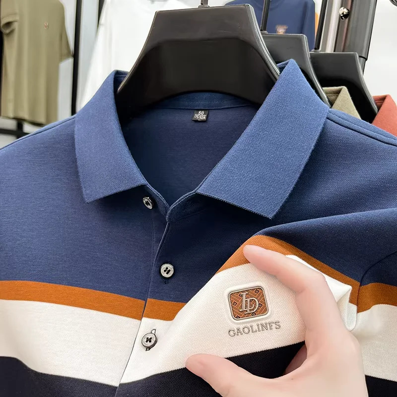 High end striped long sleeved fashionable embossed mens polo shirt 2025 Autumn silk cotton comfortable casual T-shirt 250224