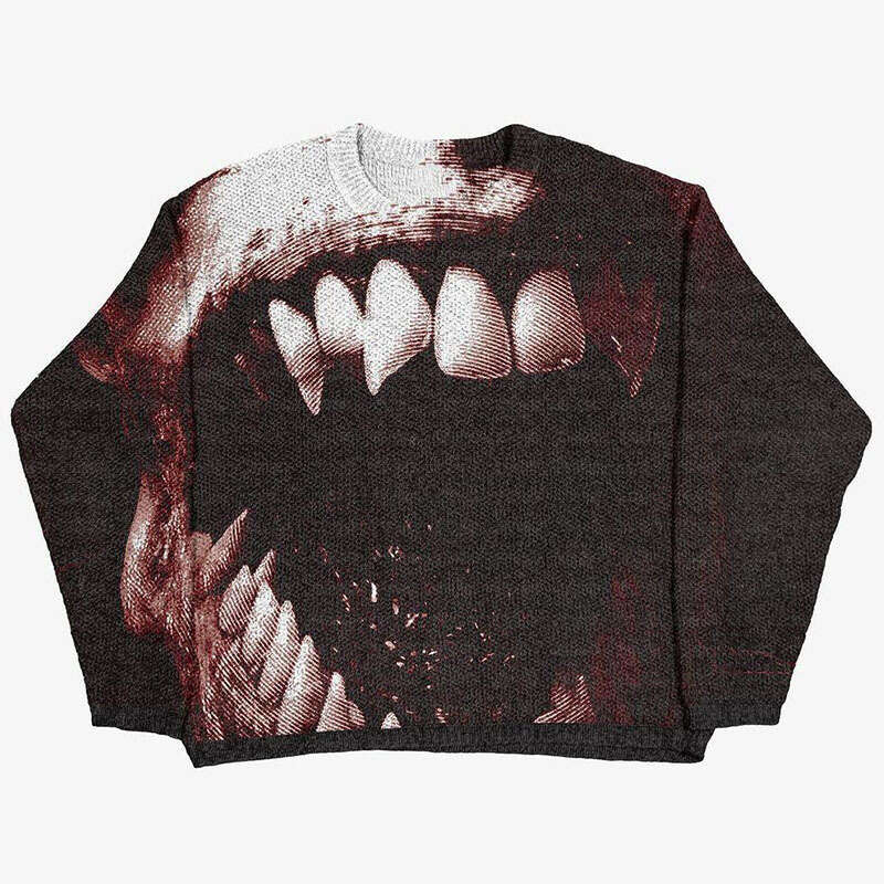 Gothic hip-hop punk Halloween dark big mouth fangs jacquard round neck knitted long sleeved sweater winter