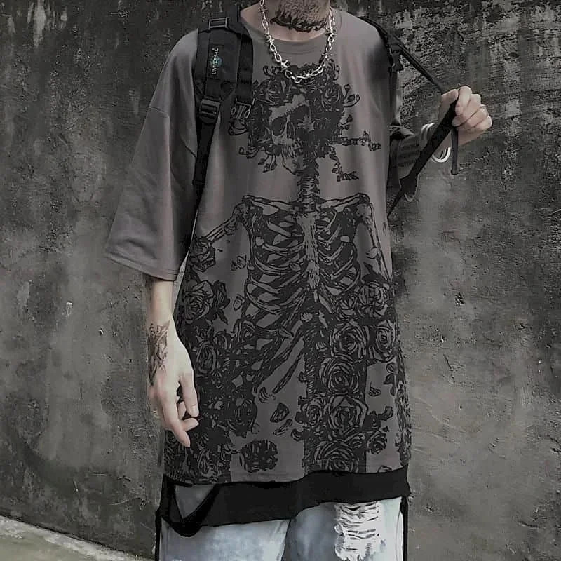 Men T-shirts Summer Streetwear High Street Gothic Skull Tshirt Loose Oversized Short-sleeved T shirt Dark Anime Men Y2k Top 250226
