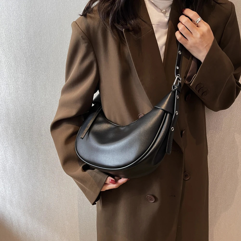 Ship from US Womens Fashion Shoulder Bag Adjustable Strap PU Leather Cross body Solid Color Half Moon n 250227FBB