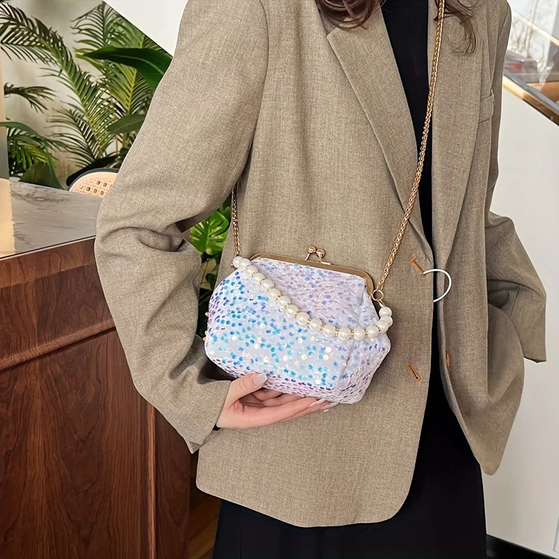 Ship from US Sequins Crossbody Bag Shiny Pearl Handbag Womens Chain Clip Purse For Evening Party Prom Banquet 250227FBB