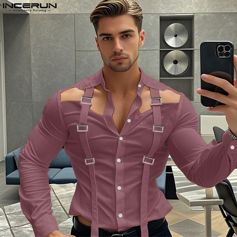 INCERUN Mens Selling Tops Stylish Hollow Ribbon Metal Buckle Shirts Handsome Male Solid Long Sleeved Casual Blouse S-5XL 250224