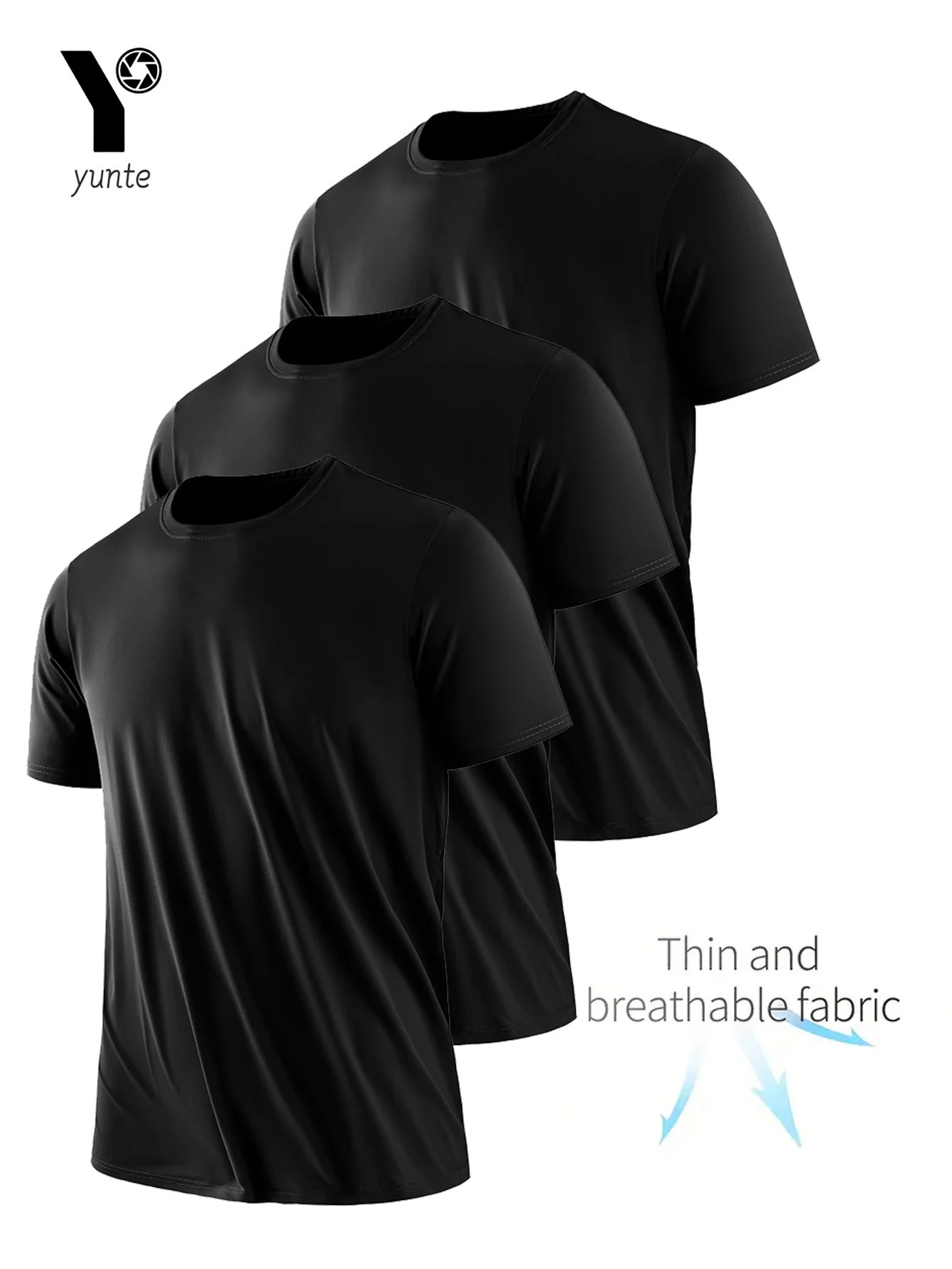 Round Neck T-Shirt 3-Piece Black Ultra-Light Mens Quick-Drying Breathable Sweat-Absorbent Shirt Suitable for Fitness Gym and Ru 250227