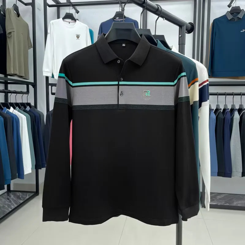 striped long sleeved fashionable embroidered mens polo shirt 2025 autumn silk cotton breathable casual T-shirt 250224