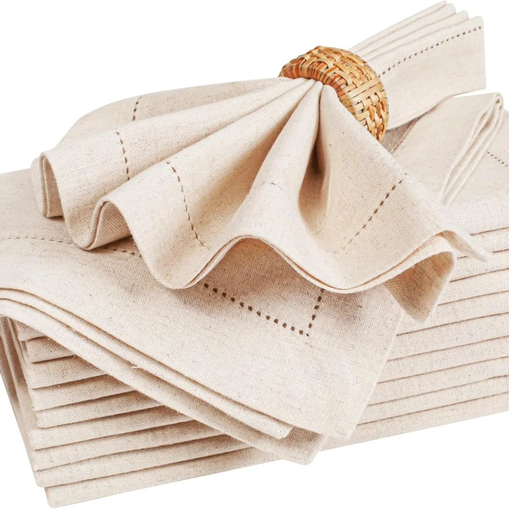 Set of 6 Hemstitched Linen Napkins Chistmas Cloth Napkins Nature Color Dinner Napkins Washable Flax Cloth Napkin 250224